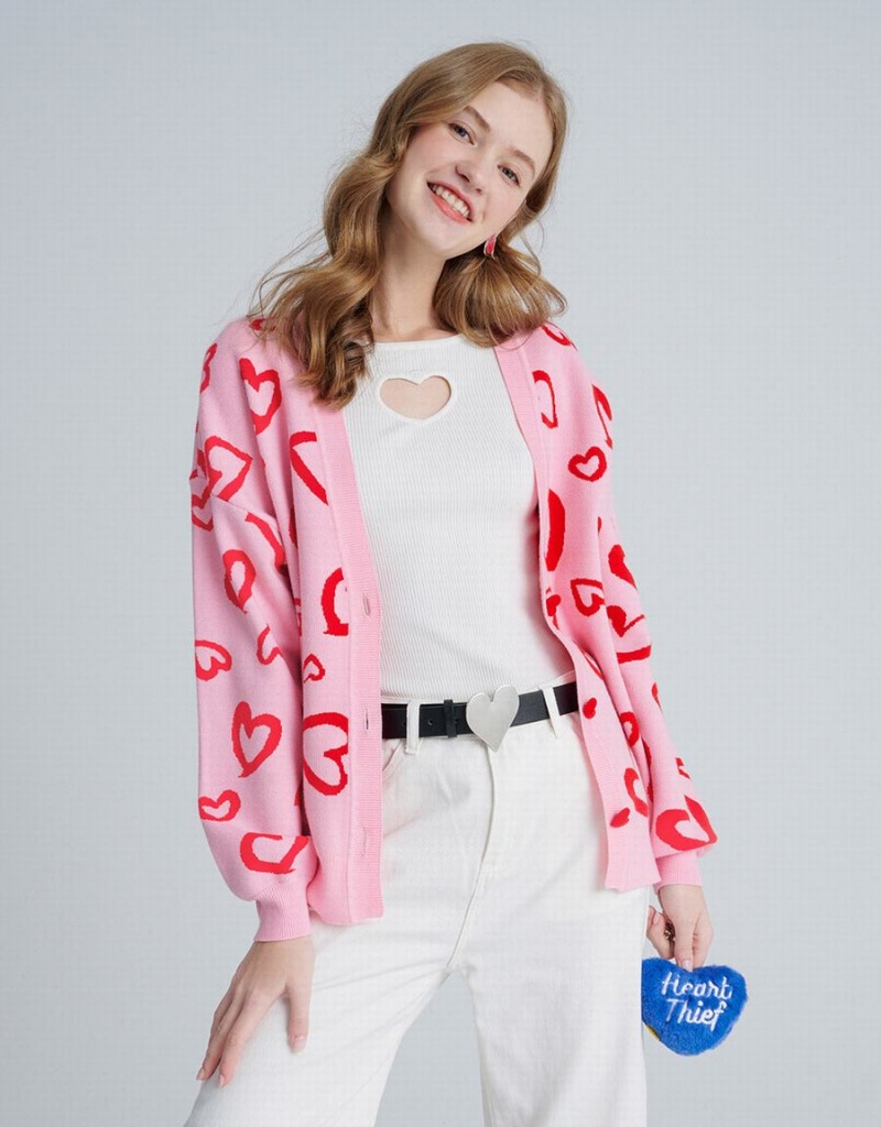 Urban Revivo Heart Pattern Jacquard Button Up Oversized Women's Cardigan Pink | UDV5528LT