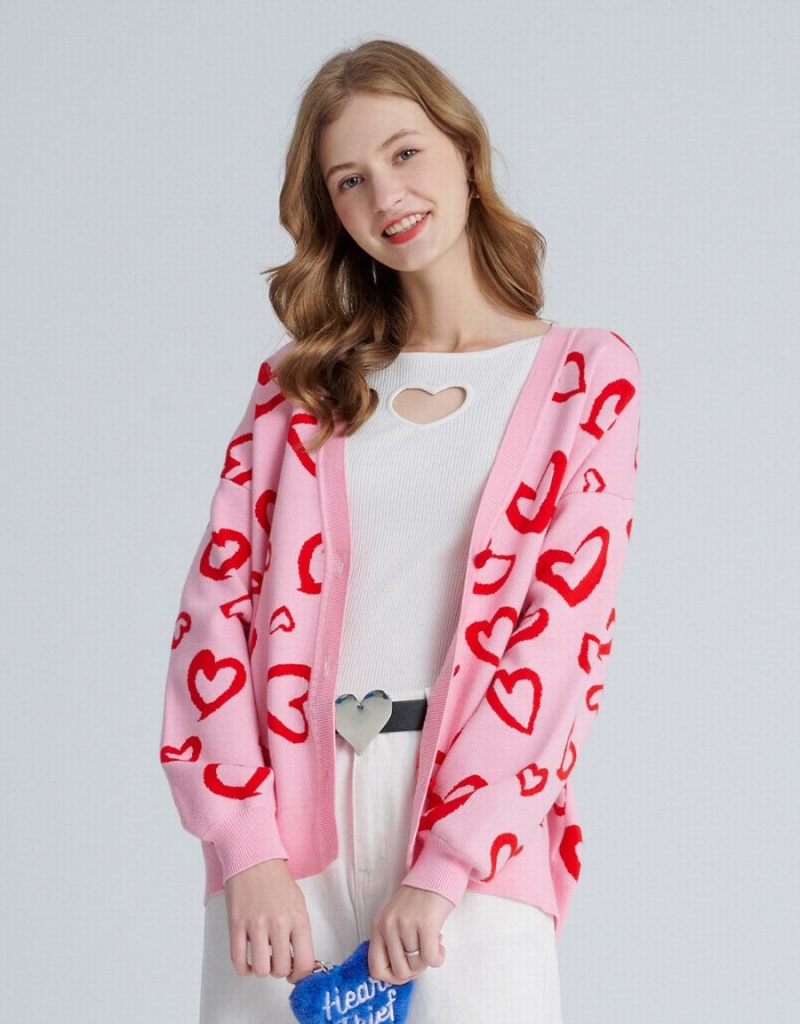 Urban Revivo Heart Pattern Jacquard Button Up Oversized Women's Cardigan Pink | UDV5528LT