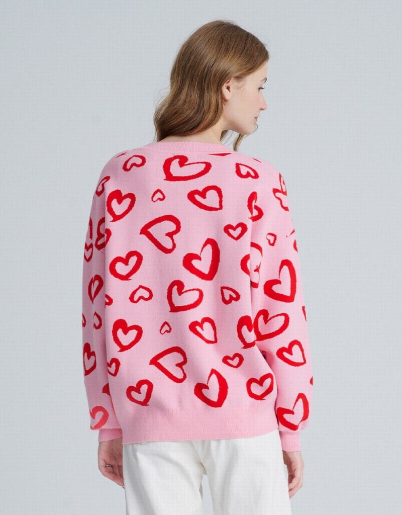 Urban Revivo Heart Pattern Jacquard Button Up Oversized Women's Cardigan Pink | UDV5528LT