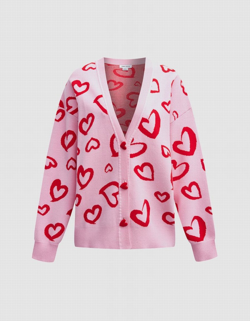 Urban Revivo Heart Pattern Jacquard Button Up Oversized Women\'s Cardigan Pink | UDV5528LT