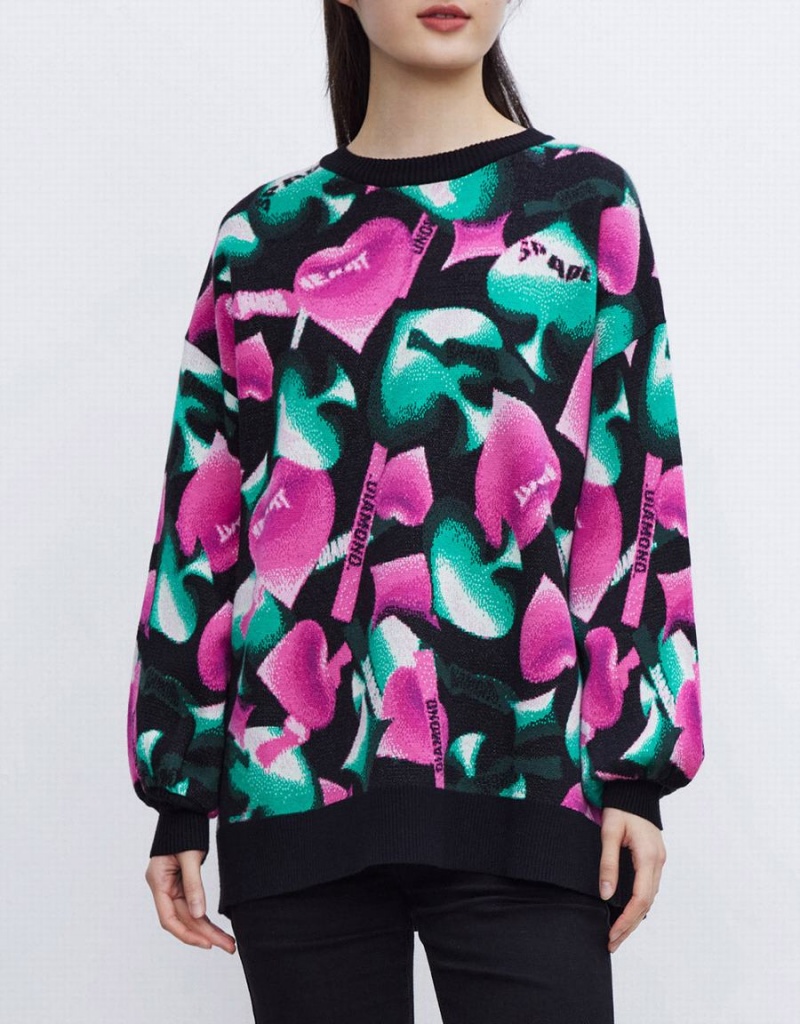 Urban Revivo Heart Pattern Oversized Women's Sweaters Pink Green Black | HXL1969EW