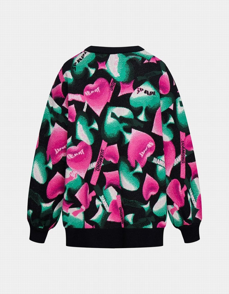 Urban Revivo Heart Pattern Oversized Women's Sweaters Pink Green Black | HXL1969EW