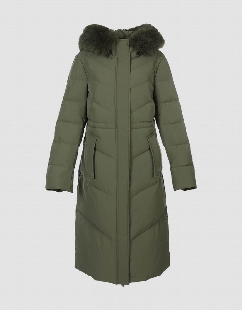 Urban Revivo Hooded A-Line With Detachable Furry Collar Women's Down Jackets Green | BGP937GM