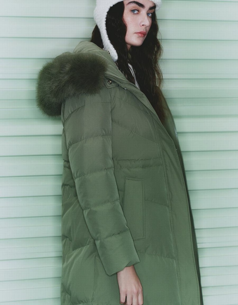 Urban Revivo Hooded A-Line With Detachable Furry Collar Women's Down Jackets Green | BGP937GM