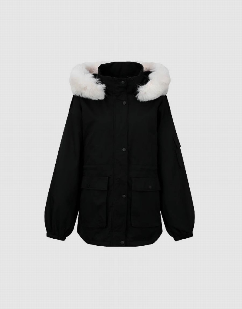 Urban Revivo Hooded Padded With Furry Collar Women's Coats Black | SKX1664LM