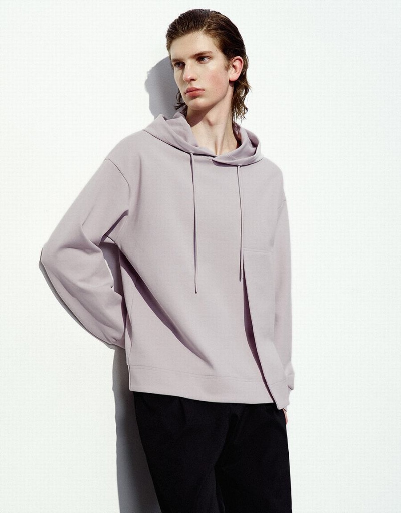 Urban Revivo Hooded Straight Men's Sweatshirts Purple | CFG4689PF