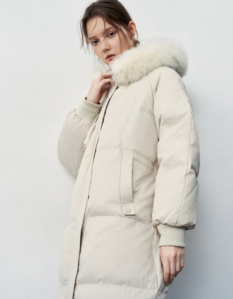 Urban Revivo Hooded With Furry Collar Women's Down Jackets White | NCS858XK