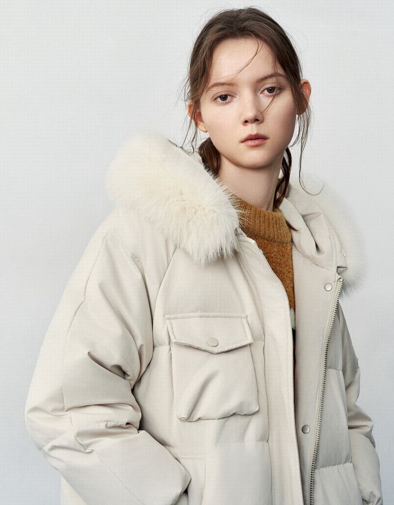 Urban Revivo Hooded With Furry Collar Women's Down Jackets White | NCS858XK