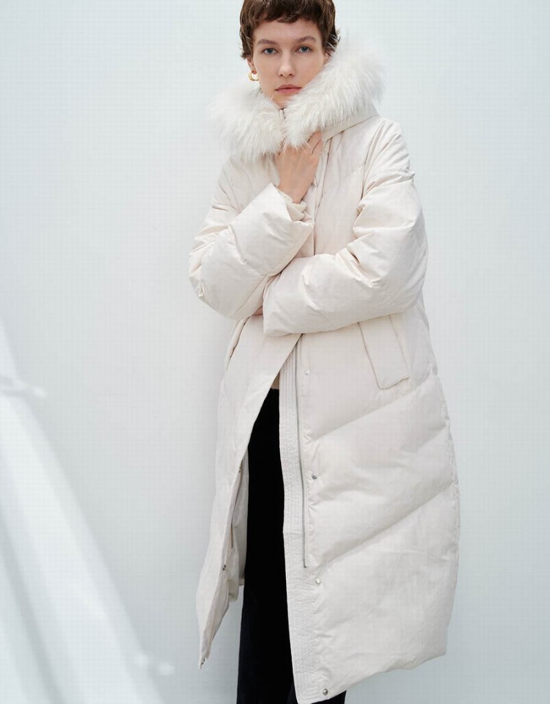 Urban Revivo Hoodie With Furry Collar Women's Down Jackets White | ZDZ9549CT