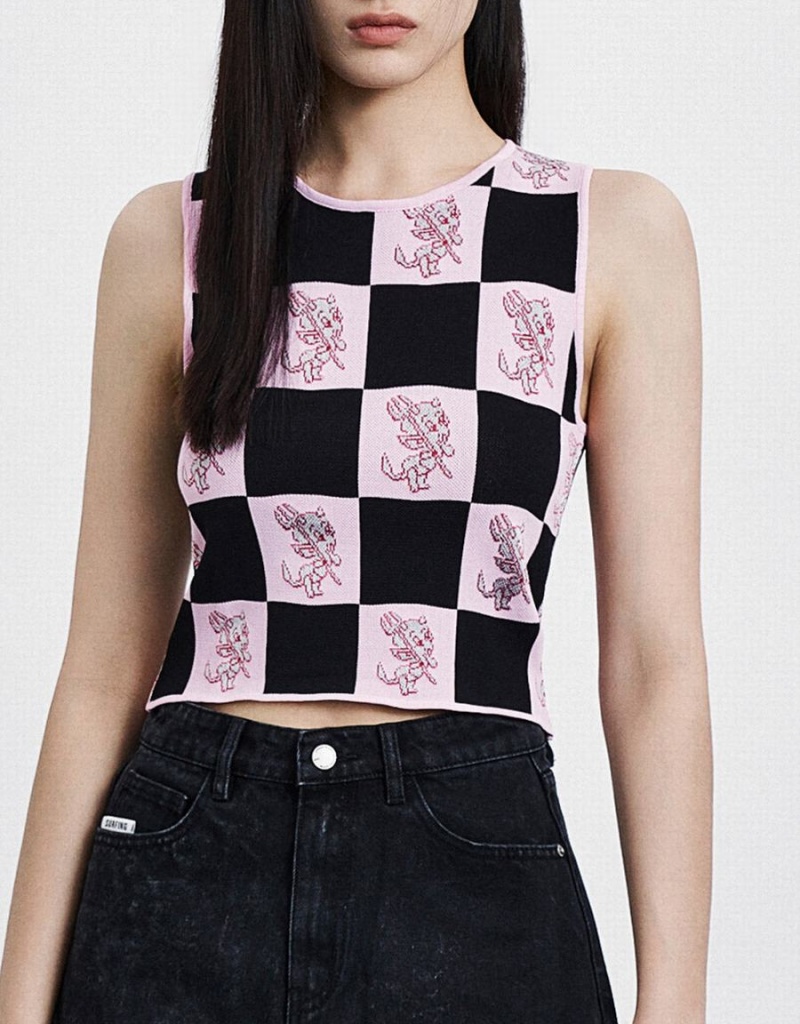 Urban Revivo Hot Stuff Checkered Knitted Women's Tank Top Pink | CBN9970NK