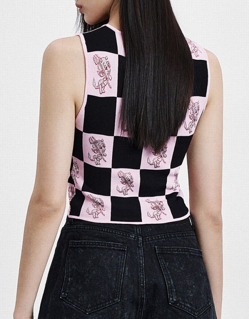 Urban Revivo Hot Stuff Checkered Knitted Women's Tank Top Pink | CBN9970NK