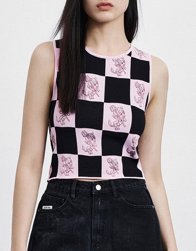 Urban Revivo Hot Stuff Checkered Knitted Women\'s Tank Top Pink | CBN9970NK