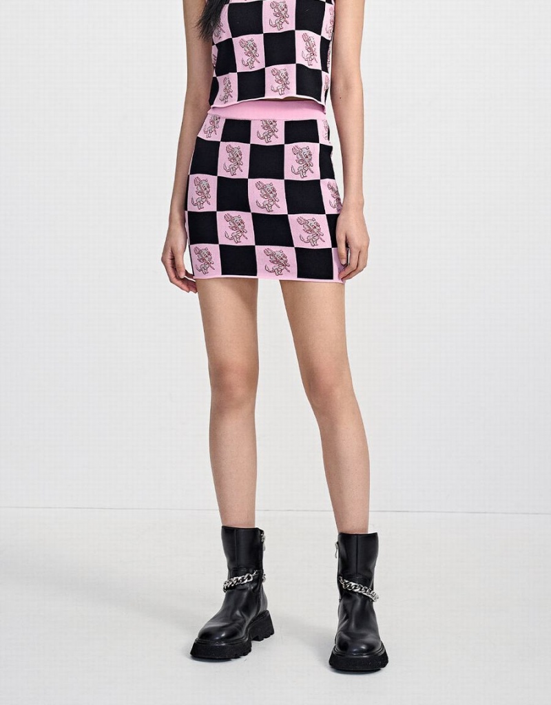 Urban Revivo Hot Stuff Checkered Knitted Women's Skirts Pink | STA74GH