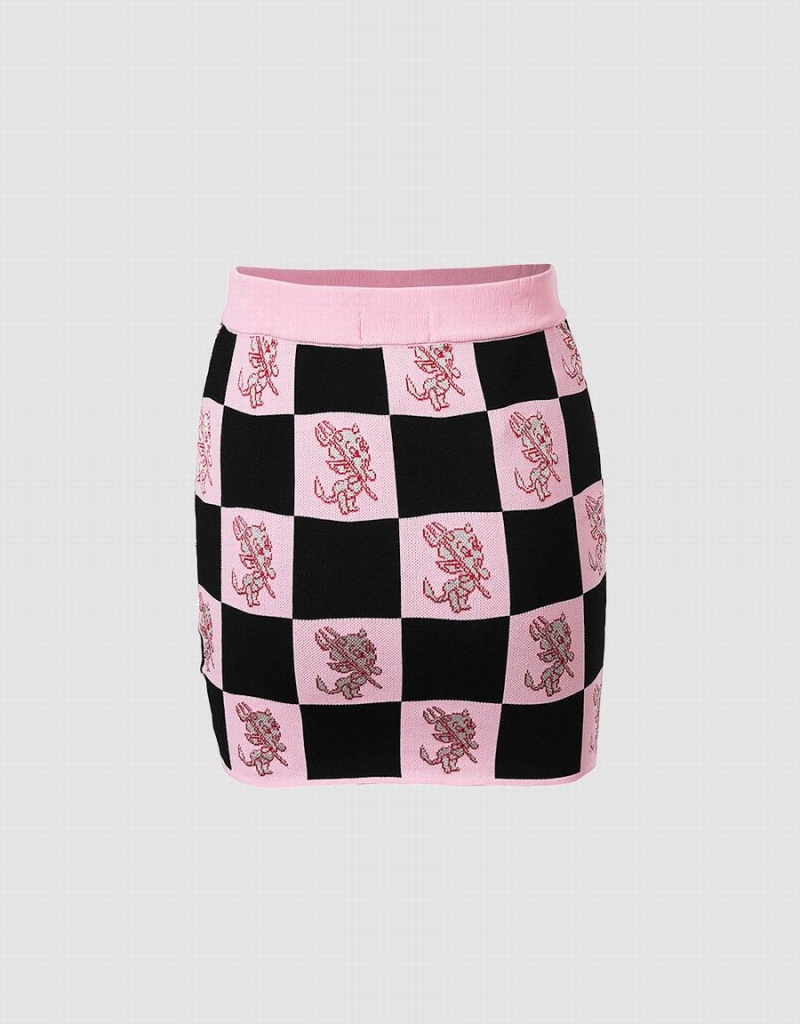 Urban Revivo Hot Stuff Checkered Knitted Women's Skirts Pink | STA74GH