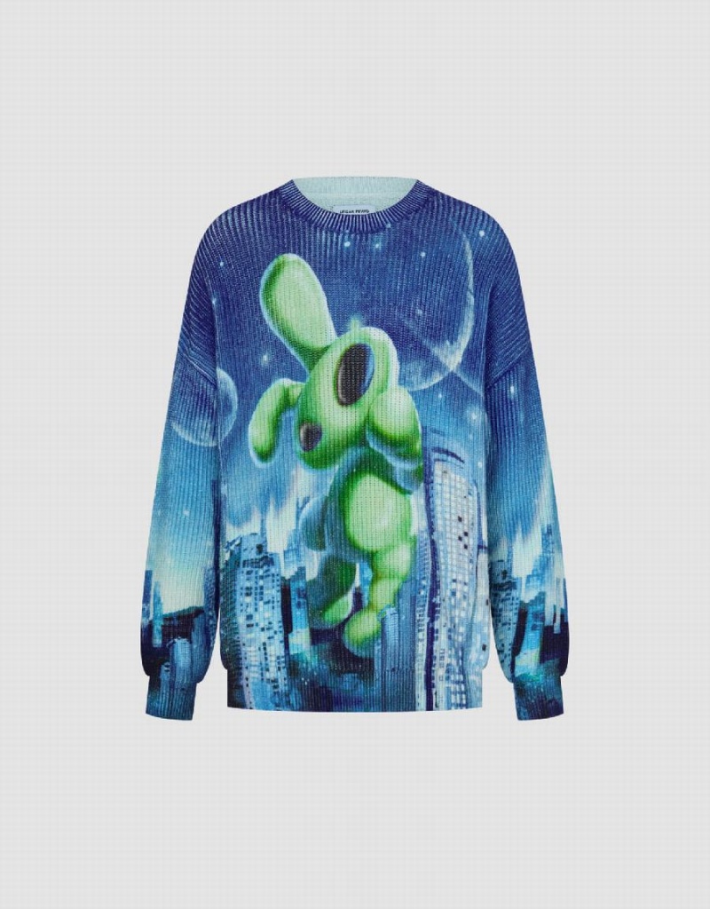 Urban Revivo Interstellar Bunny Printed Knitted Men's Cardigan Blue Green | WPK5043FJ