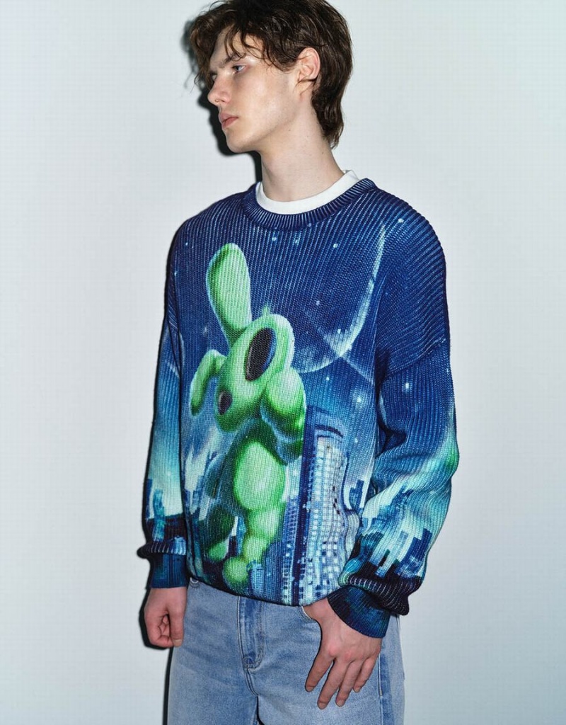 Urban Revivo Interstellar Bunny Printed Knitted Men's Cardigan Blue Green | WPK5043FJ