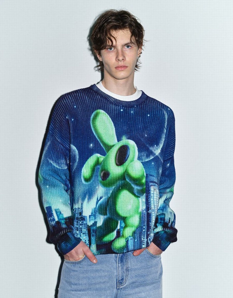 Urban Revivo Interstellar Bunny Printed Knitted Men\'s Cardigan Blue Green | WPK5043FJ