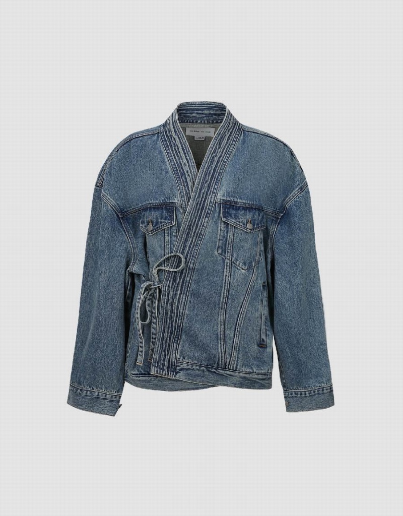 Urban Revivo Kimono Lapel Men's Denim Jackets Blue | BUF1921AE