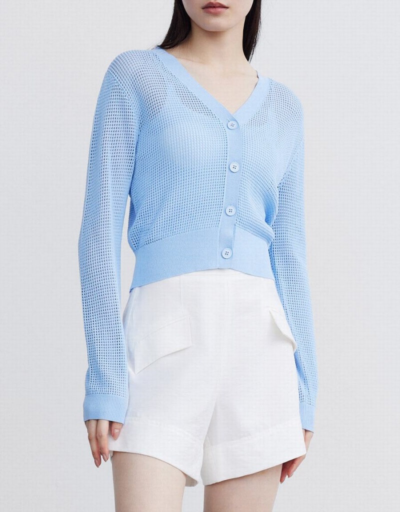 Urban Revivo Knitted Button Up Women's Cardigan Blue | KQV7781UQ