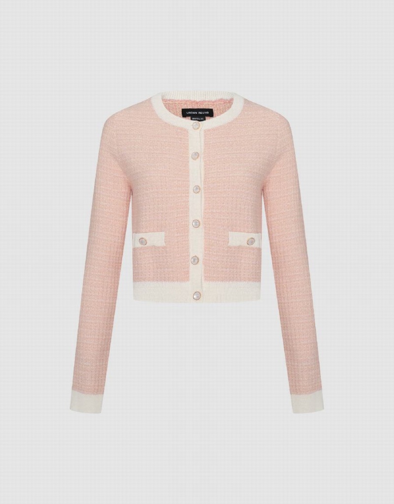 Urban Revivo Knitted With Faux Pearl Buttons Women's Cardigan Pink | XNH942VD