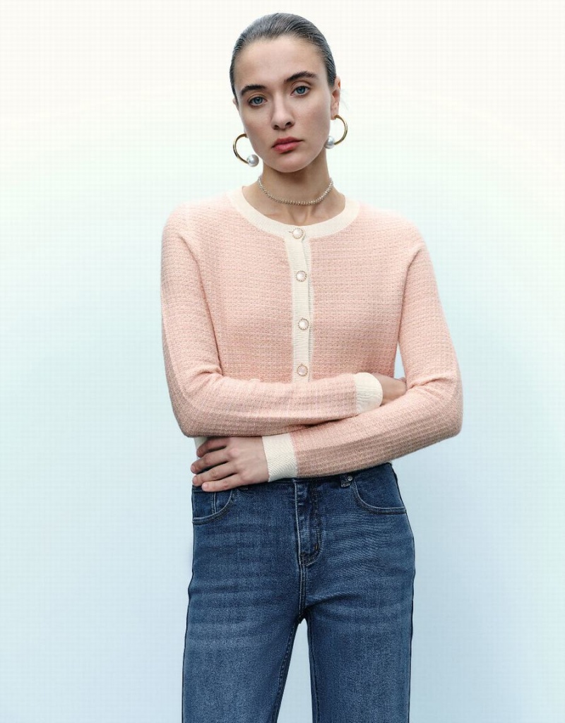 Urban Revivo Knitted With Faux Pearl Buttons Women's Cardigan Pink | XNH942VD