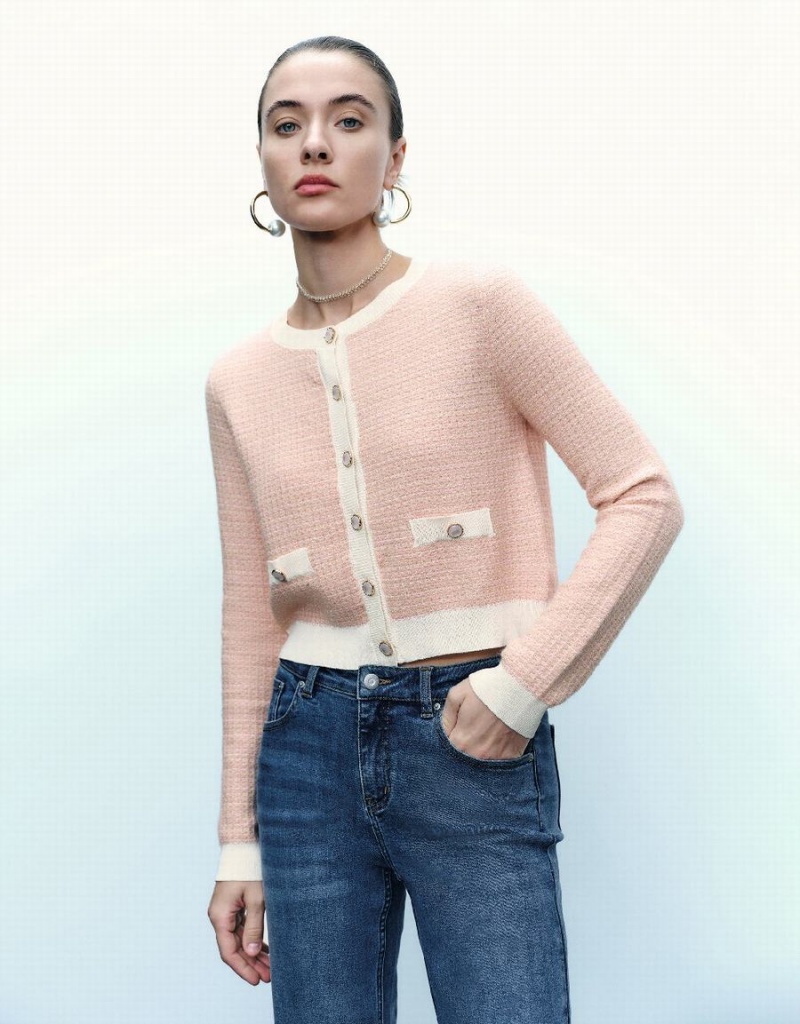 Urban Revivo Knitted With Faux Pearl Buttons Women\'s Cardigan Pink | XNH942VD