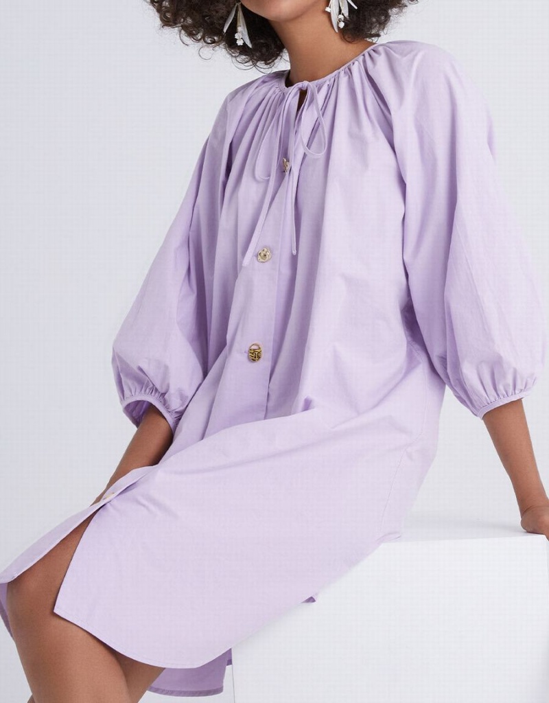 Urban Revivo Knot Front Button Up Crew Neck Women's Dress Purple | JTV4947FV