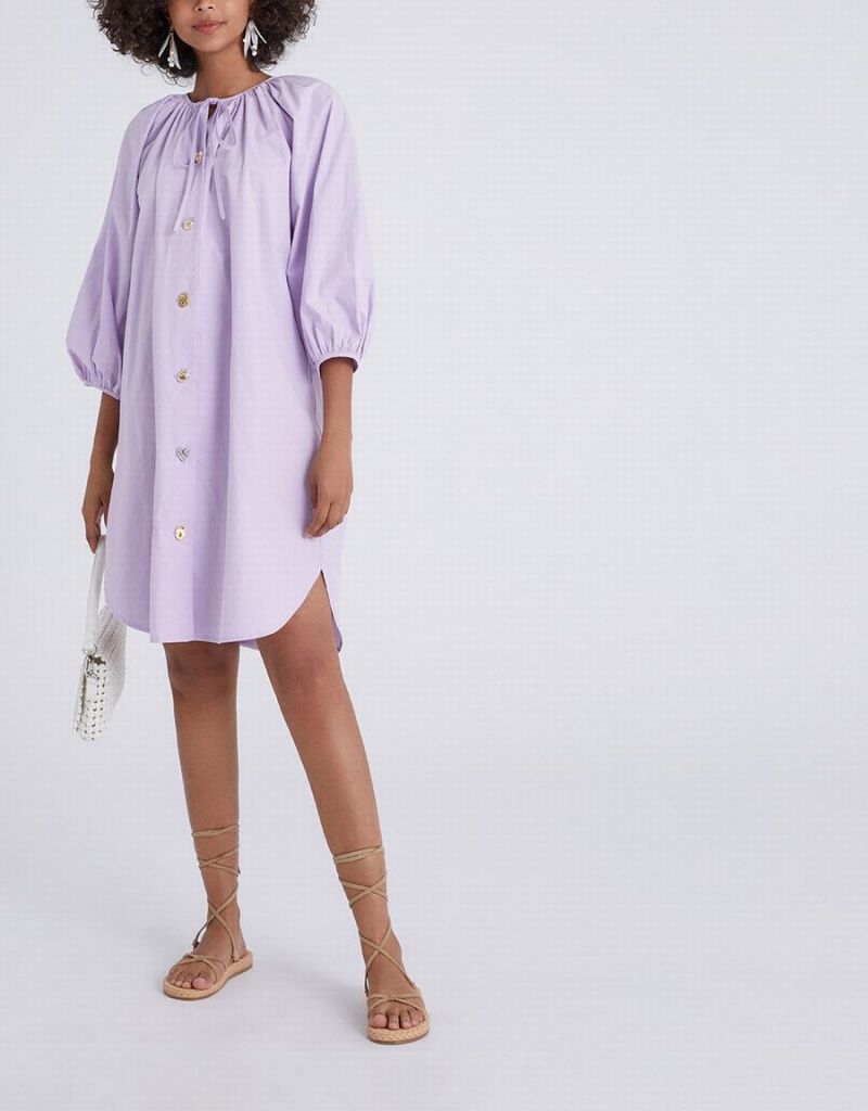 Urban Revivo Knot Front Button Up Crew Neck Women's Dress Purple | JTV4947FV