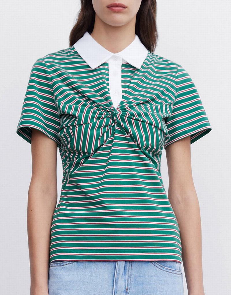 Urban Revivo Knotted Detail Striped Women's Polo Shirts Green | VMJ9821ME