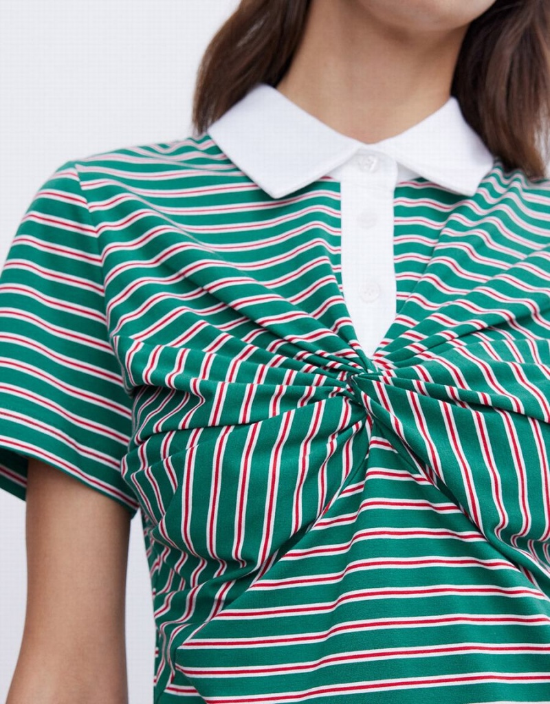 Urban Revivo Knotted Detail Striped Women's Polo Shirts Green | VMJ9821ME