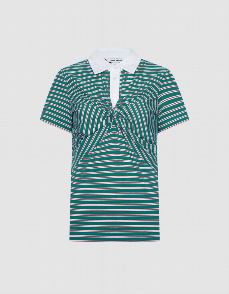 Urban Revivo Knotted Detail Striped Women\'s Polo Shirts Green | VMJ9821ME