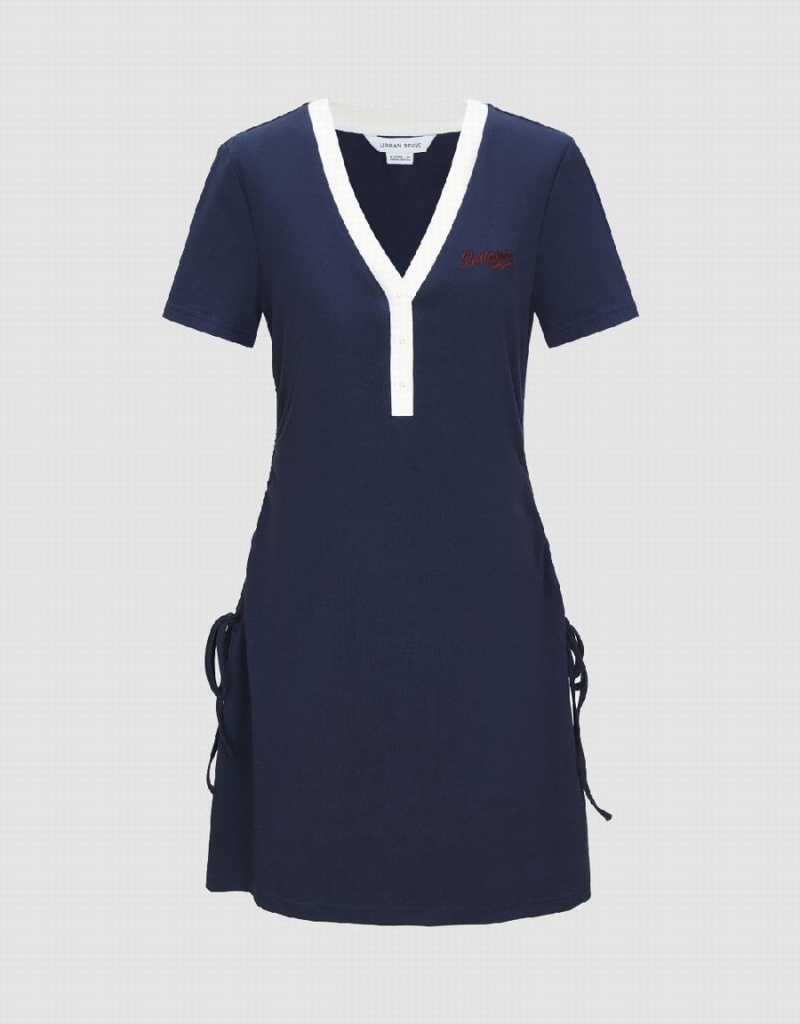 Urban Revivo Lace Up Side A-Line Women\'s Dress Blue | PDK4150HQ