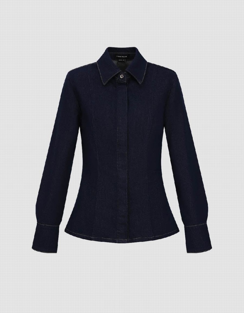 Urban Revivo Lapel Denim Women's Shirts Blue | DCZ2297SS