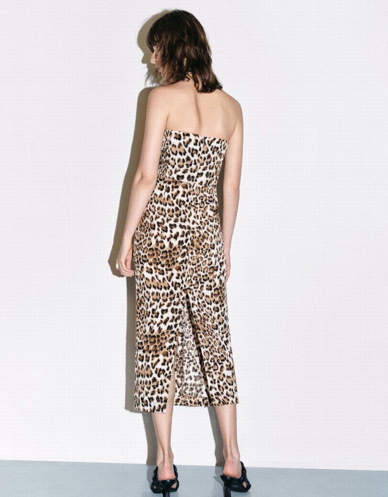 Urban Revivo Leopard Printed Sleeveless Skinny Women's Dress Brown | KSD6174HE