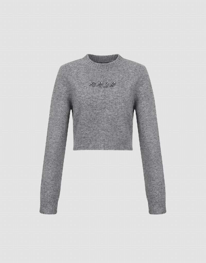 Urban Revivo Letter Embossed Crew Neck Knitted Women's Cardigan Grey | KIE6998FM