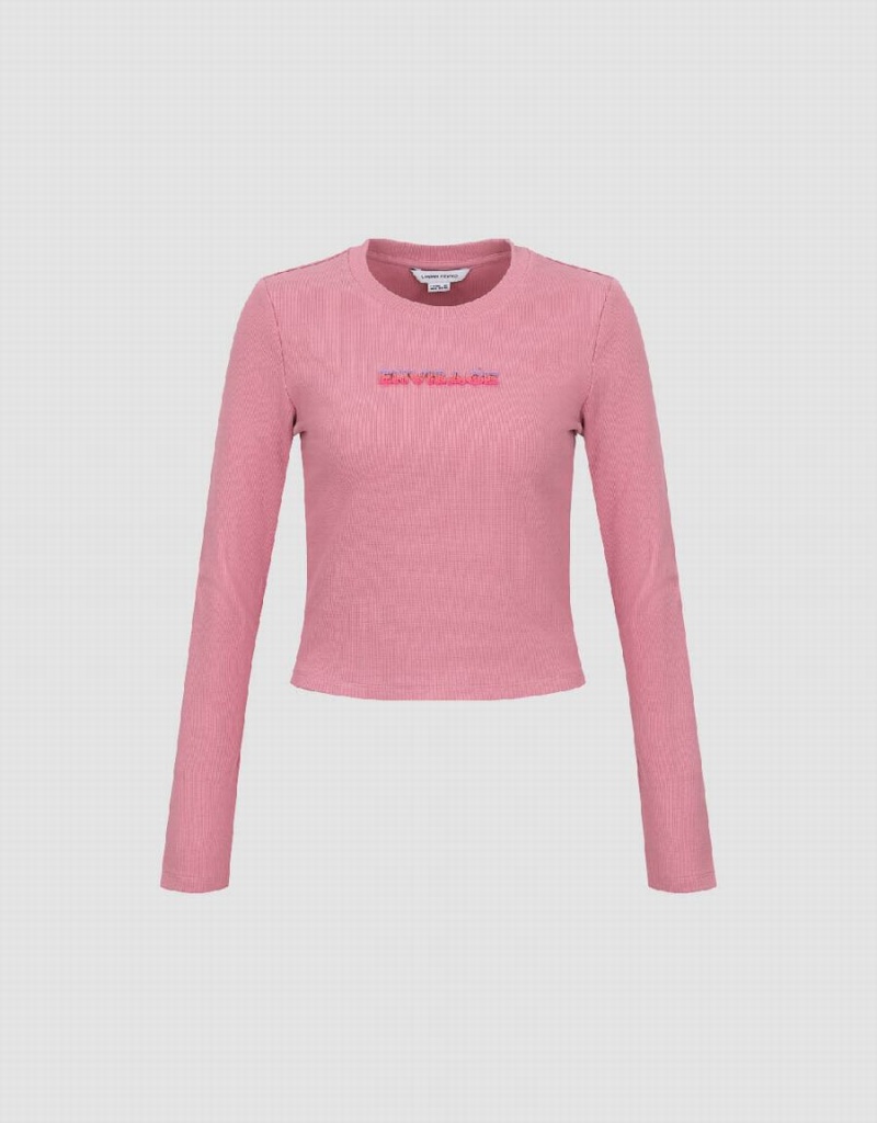 Urban Revivo Letter Embossed Crew Neck Knitted Women's T Shirts Pink | HRC5436VT