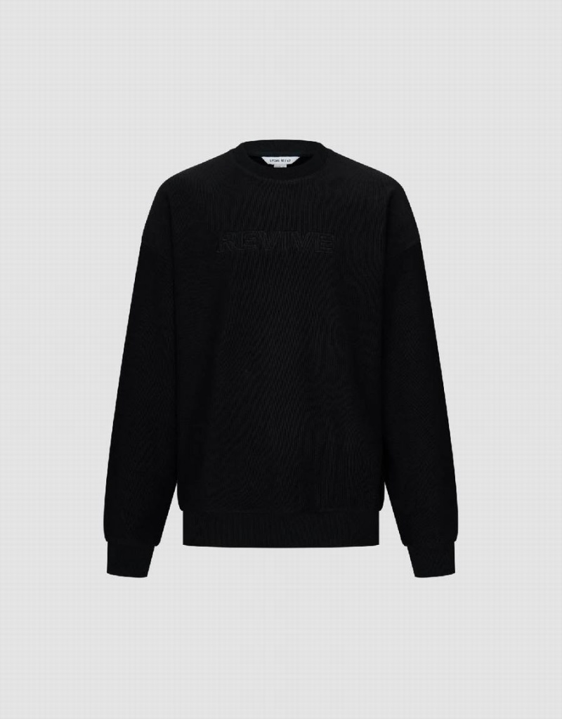 Urban Revivo Letter Embossed Crew Neck Men's Sweatshirts Black | LYR7774YZ