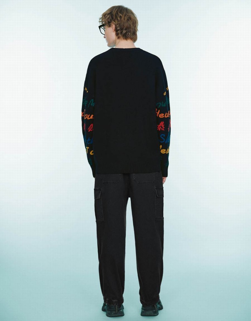 Urban Revivo Letter Embroidered Crew Neck Men's Sweaters Black | WIU1736DW