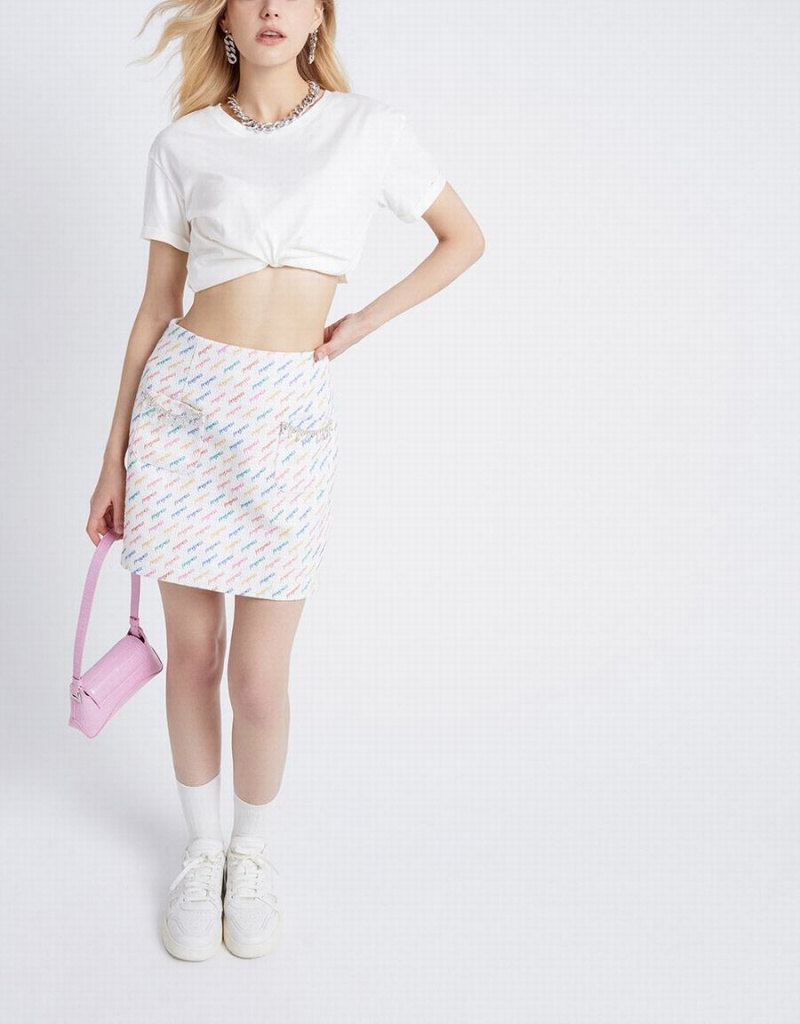 Urban Revivo Letter Print Rhinestone Detail Women's Skirts White | AVI5290BK