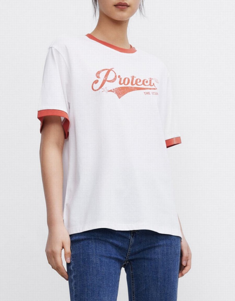 Urban Revivo Letter Print Women's T Shirts White | UJG9489IA