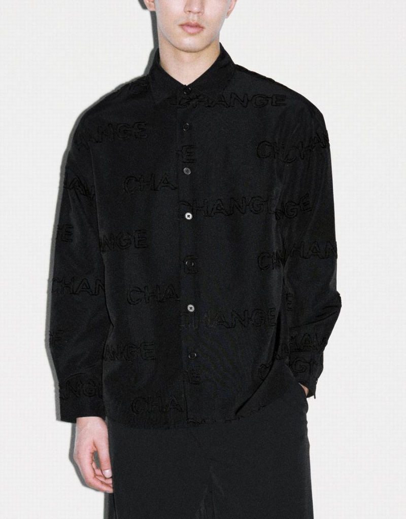 Urban Revivo Letter Printed Button Up Oversized Men's Shirts Black | OCT9886GG