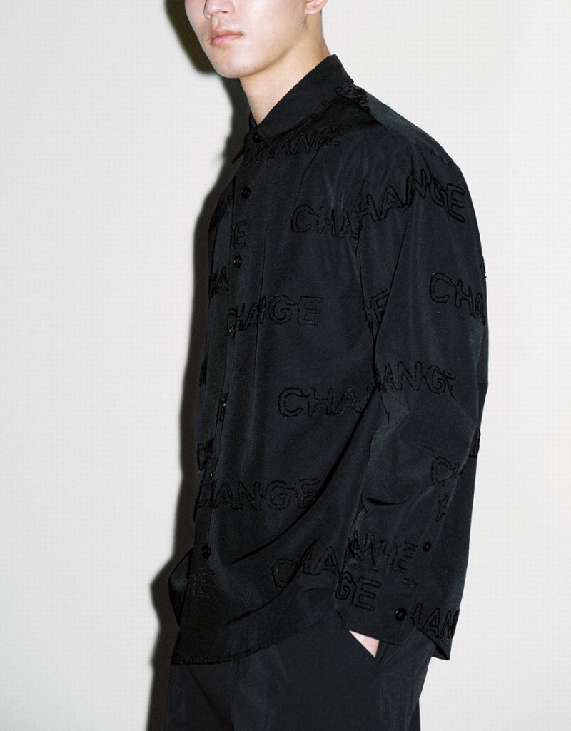 Urban Revivo Letter Printed Button Up Oversized Men's Shirts Black | OCT9886GG