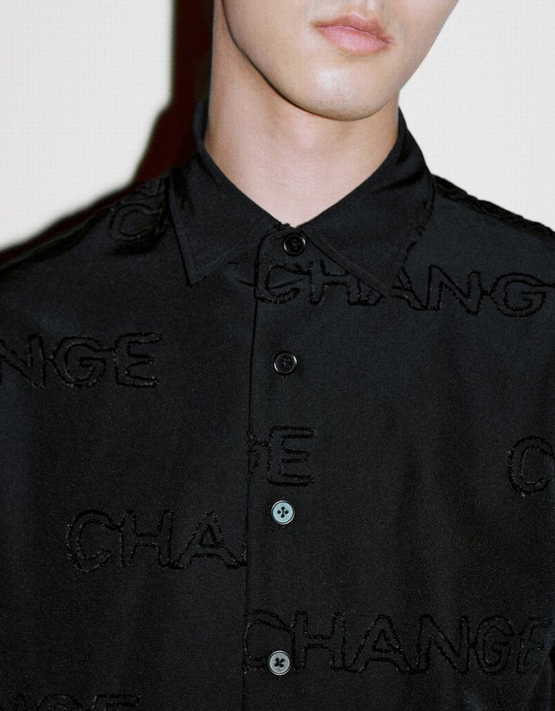 Urban Revivo Letter Printed Button Up Oversized Men's Shirts Black | OCT9886GG