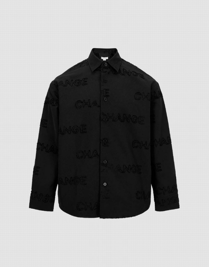 Urban Revivo Letter Printed Button Up Oversized Men\'s Shirts Black | OCT9886GG