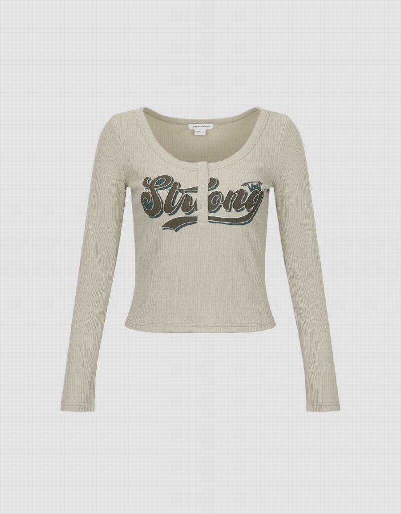 Urban Revivo Letter Printed Crew Neck Skinny Women's T Shirts Khaki | TKW8476EH