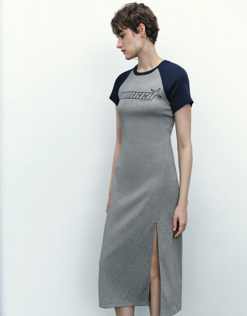 Urban Revivo Letter Printed Crew Neck Straight Women's Dress Grey | WOQ8926XS