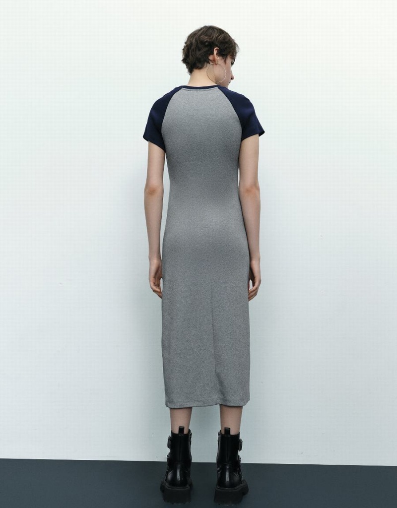 Urban Revivo Letter Printed Crew Neck Straight Women's Dress Grey | WOQ8926XS