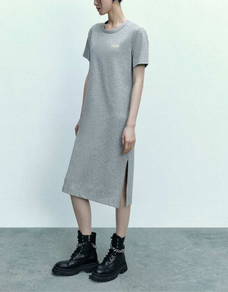 Urban Revivo Letter Printed Crew Neck Straight Women's Dress Grey | VLY1378TB