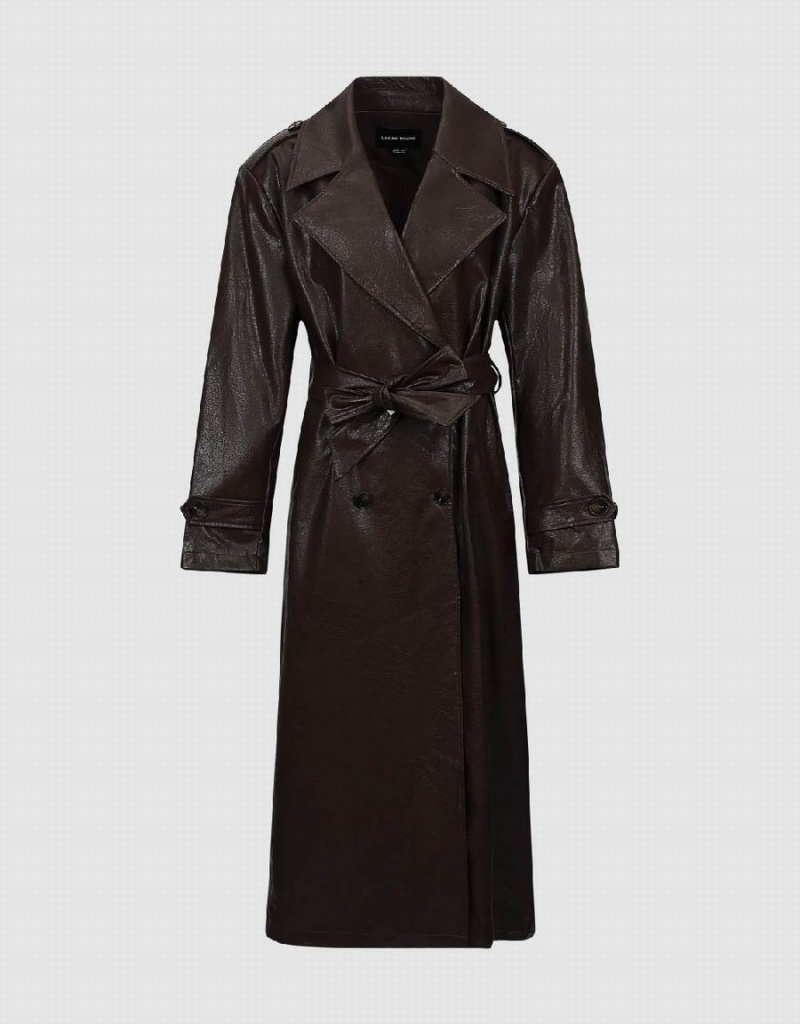 Urban Revivo Longline Vegan Leather Trench Women's Trench Coat Brown | VHT10056BU