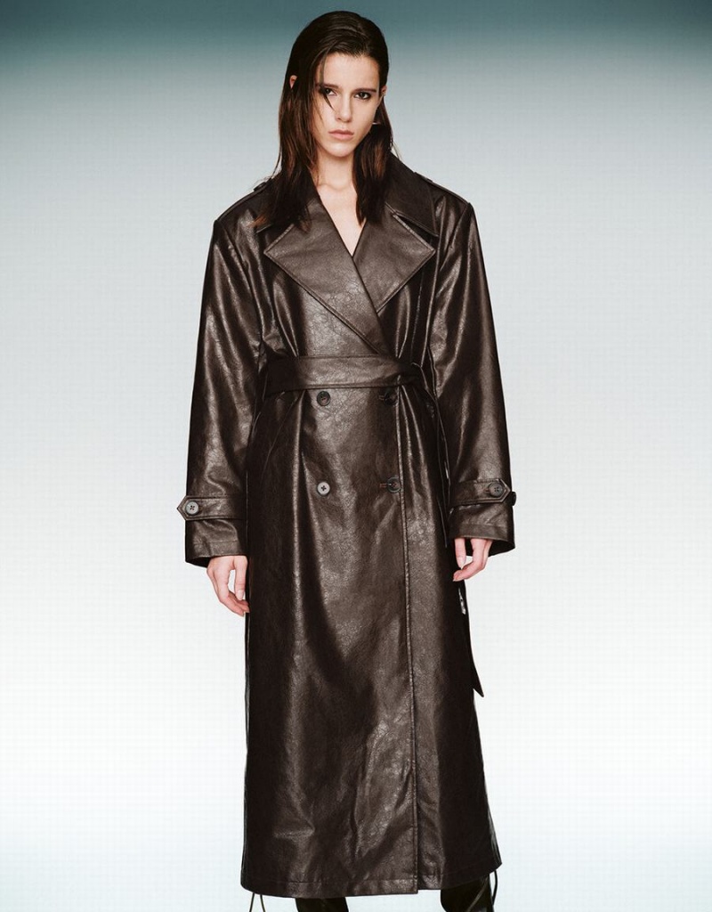 Urban Revivo Longline Vegan Leather Trench Women's Trench Coat Brown | VHT10056BU